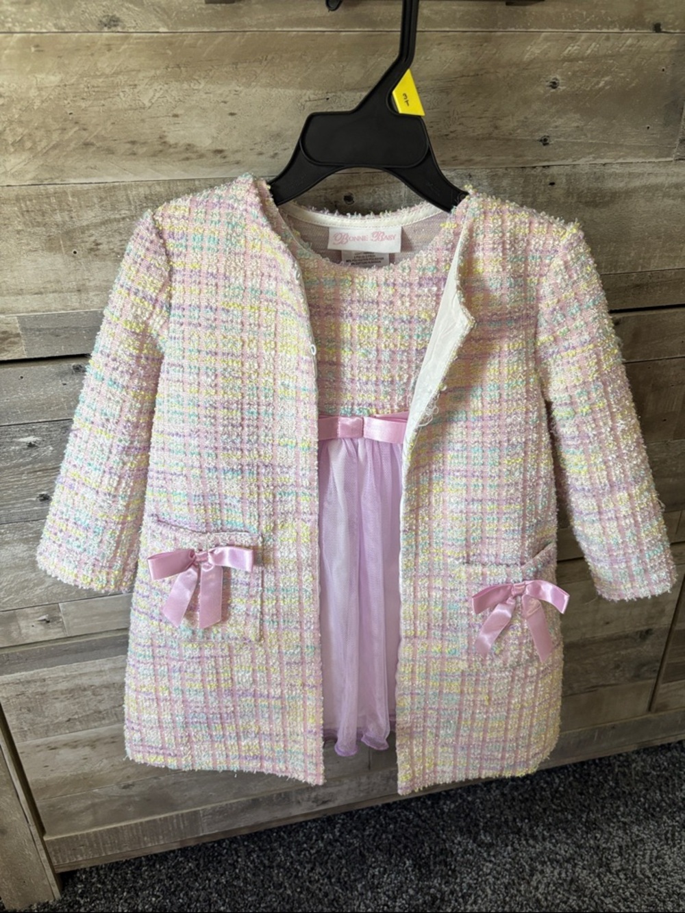 Bonnie Baby Pastel Tweed Girls' Coat with Pink Ribbon Accents